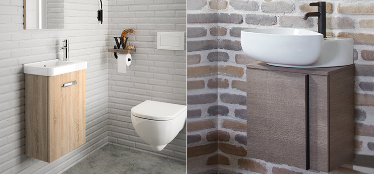 Petits meubles lave-mains dans toilettes au style industriel