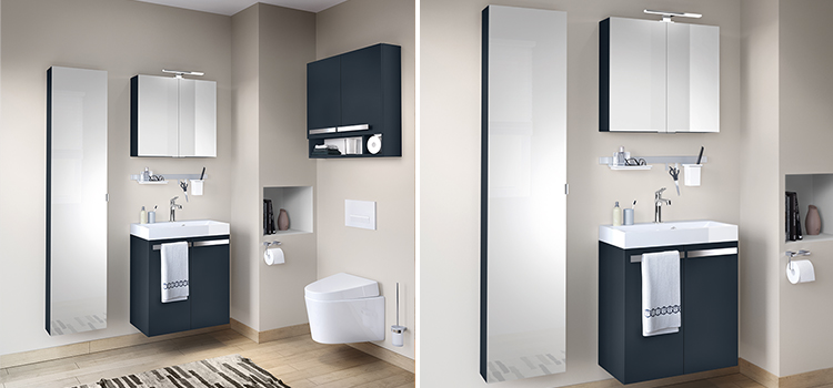 Espace toilettes design avec wc suspendu et lave-mains, rangements et armoire de toilette