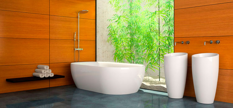 Salle de bains tendance zen avec patio et bambous