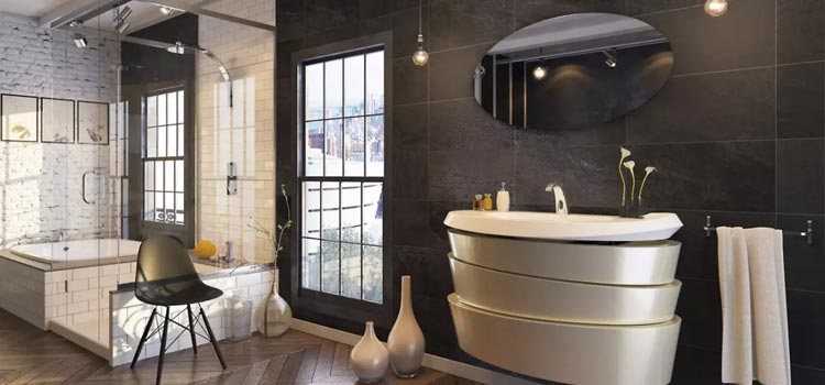 Grande salle de bain avec carrelage noir au style industriel