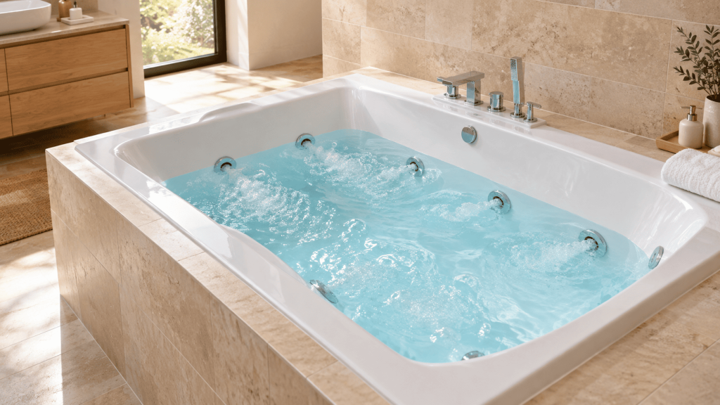 Baignoire balnéo blanche avec jets hydromassants dans une salle de bain moderne en pierre beige, ambiance spa et détente.