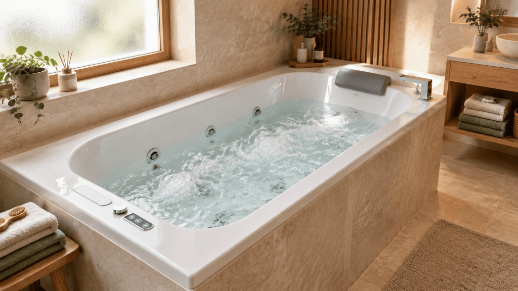 Baignoire balnéo encastrée avec jets hydromassants en fonctionnement et appui-tête dans une salle de bains beige et bois