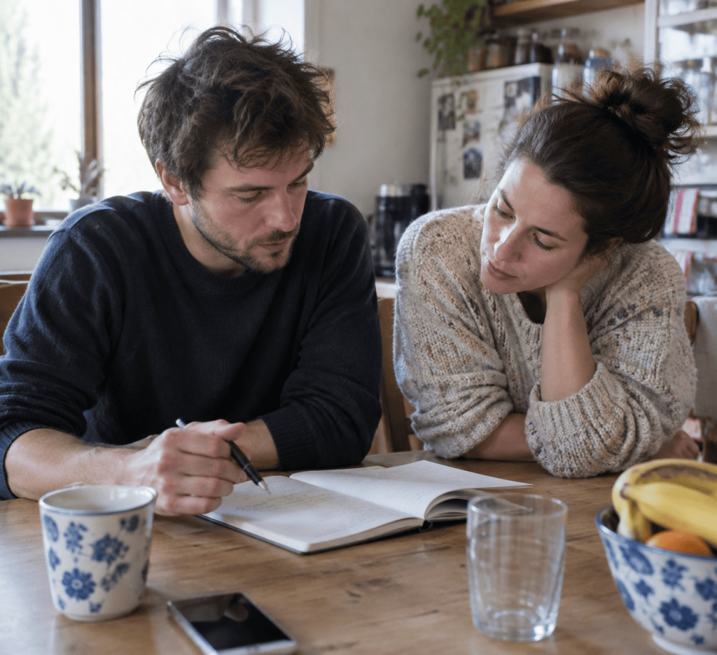 Couple assis à une table, étudiant des documents et prenant des notes dans un carnet ouvert à la maison, dans une ambiance chaleureuse et conviviale.