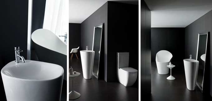 Lavabo "Menhir" de la collection Palomba dans un intérieur sobre Lavabo "Menhir" de la collection Palomba dans un intérieur sobre