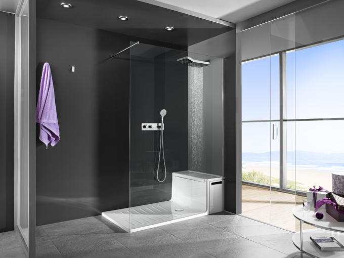 Douche Roca avec rangements cachés dans le siège douche complète avec siège et rangements intégrés Roca Hide & Seat