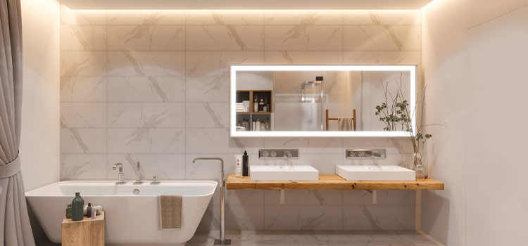 Salle de bains avec miroir mural à led