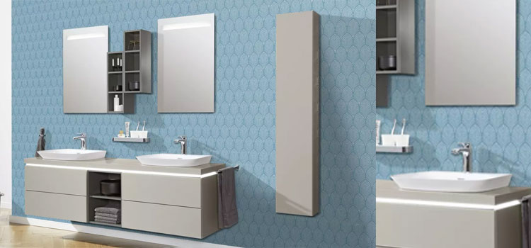 meubles de salle de bains double vasque de couleur gris avec deux miroirs lumineux