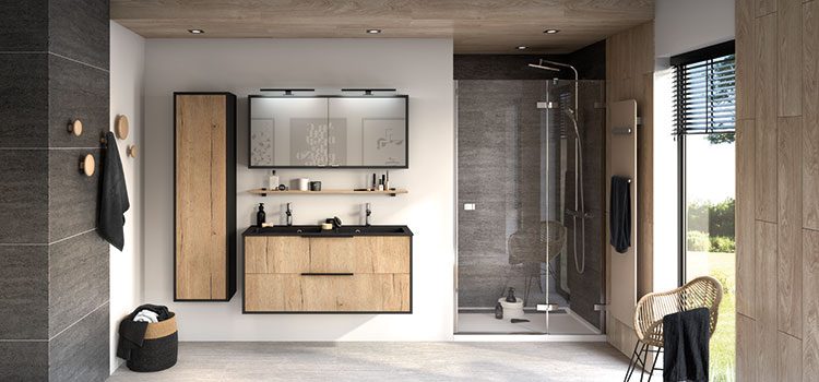 salle de bains avec meuble en bois