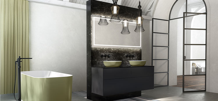 Salle de bain minimaliste avec éclairages suspendus.