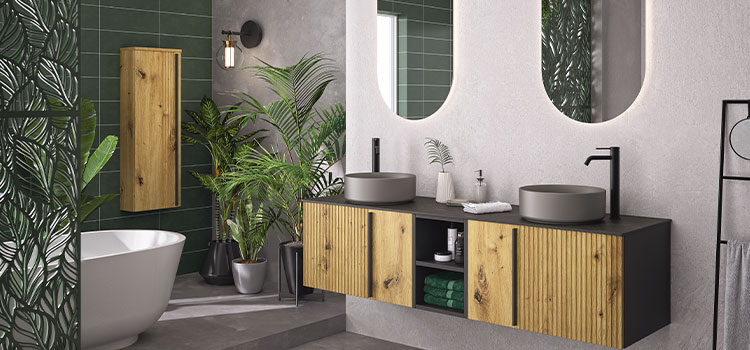 Meuble de salle de bains en bois avec double vasque à poser et colonne suspendue.