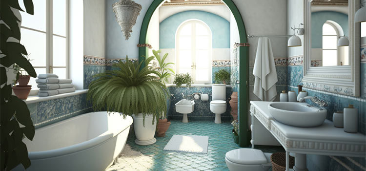 Une salle de bains méditerranéenne lumineuse avec un carrelage bleu clair et des plantes d'ornement