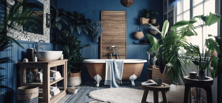 Salle de bains aux murs peints bleu indigo pour une ambiance méditerranéenne.