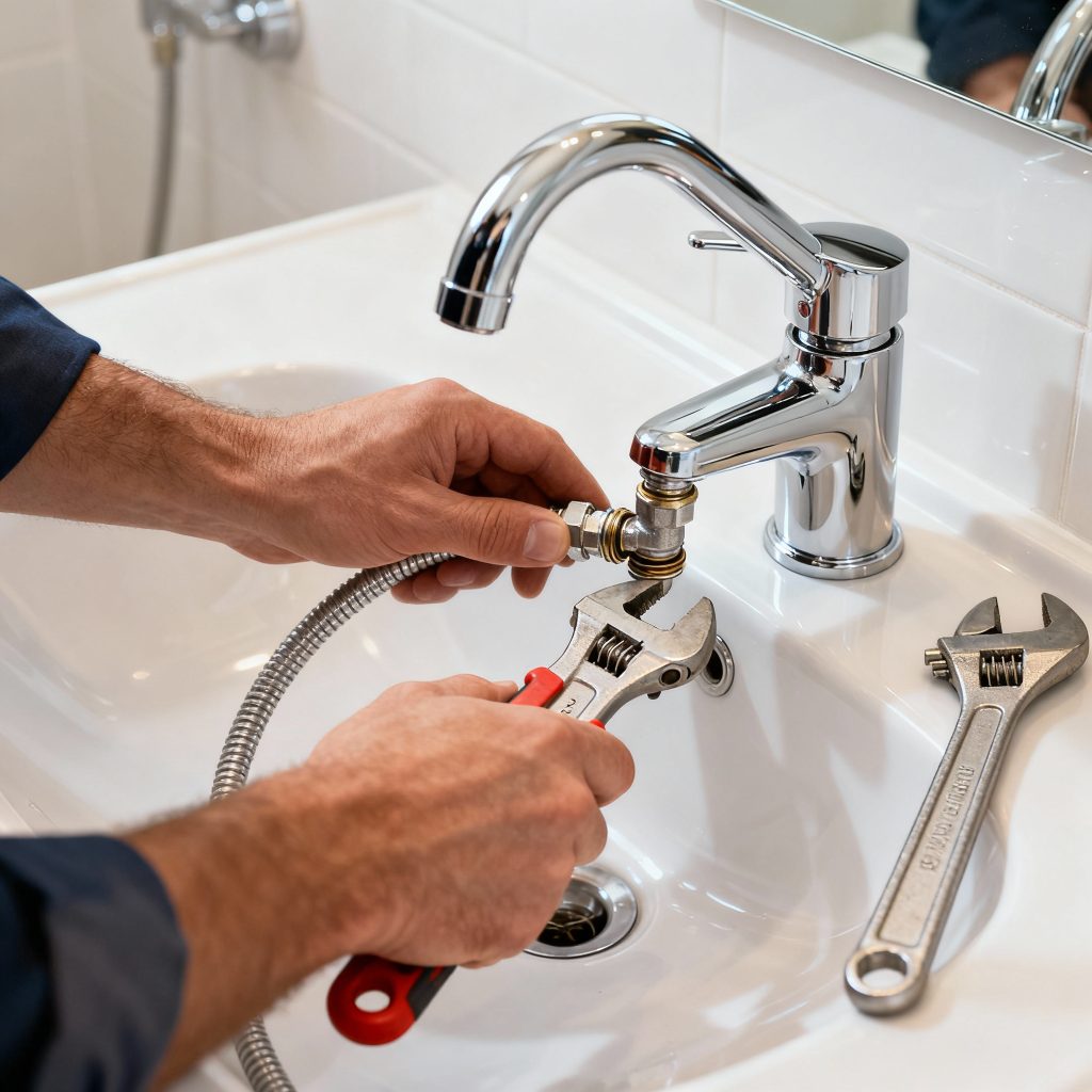 plombier professionnel qui intervient sur un robinet