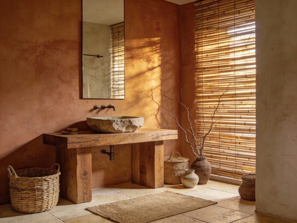 Meuble vasque suspendu en bois brut avec vasque en pierre naturelle dans une salle de bain aux murs terracotta