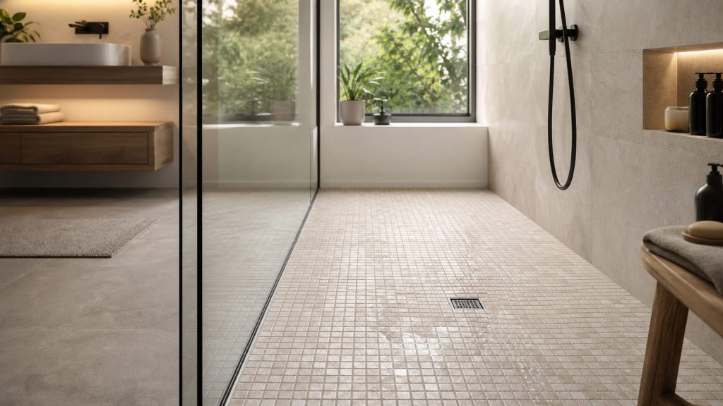 gros plan sur un carrelage au sol dans  une douche italienne 