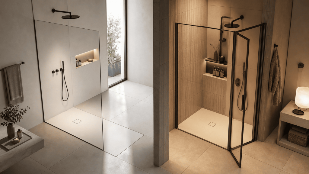 2 styles de paroi de douche : fixe et pivotante
