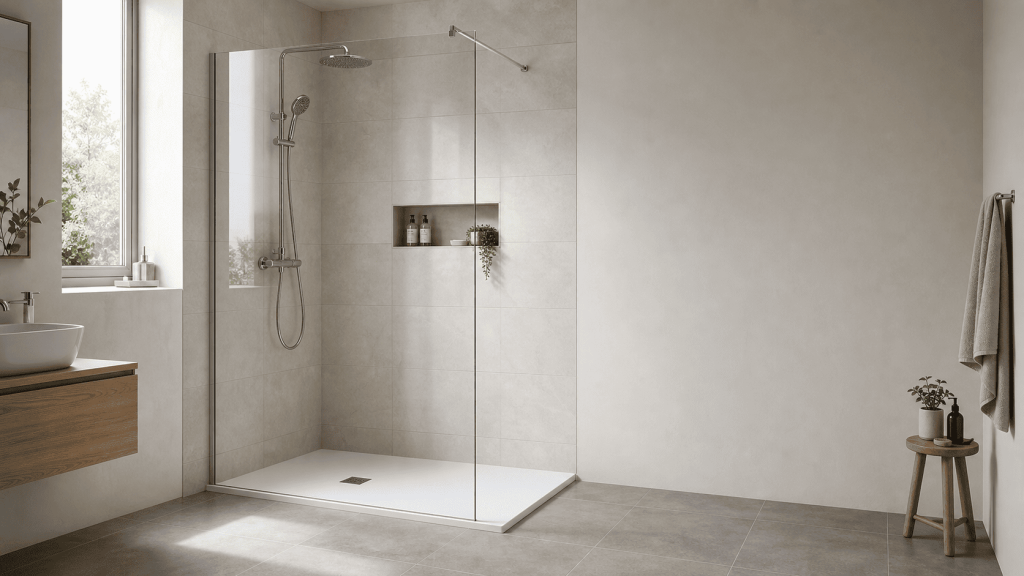 Douche à l’italienne épurée avec grande paroi vitrée, receveur blanc, carrelage beige et meuble vasque en bois dans une salle de bains minimaliste.

