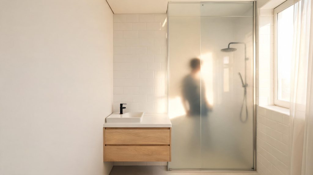 Salle de bains minimaliste avec meuble vasque en bois, paroi de douche vitrée dépolie, robinetterie noire et lumière naturelle.