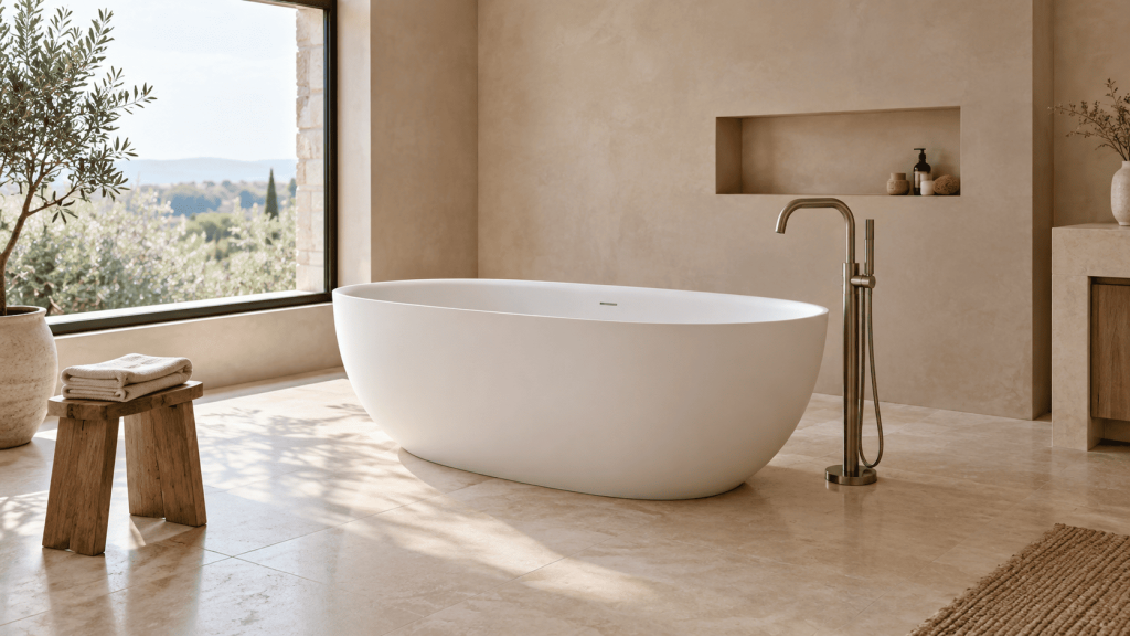 Baignoire îlot blanche avec robinetterie sur pied dans une salle de bains beige lumineuse aux matières naturelles