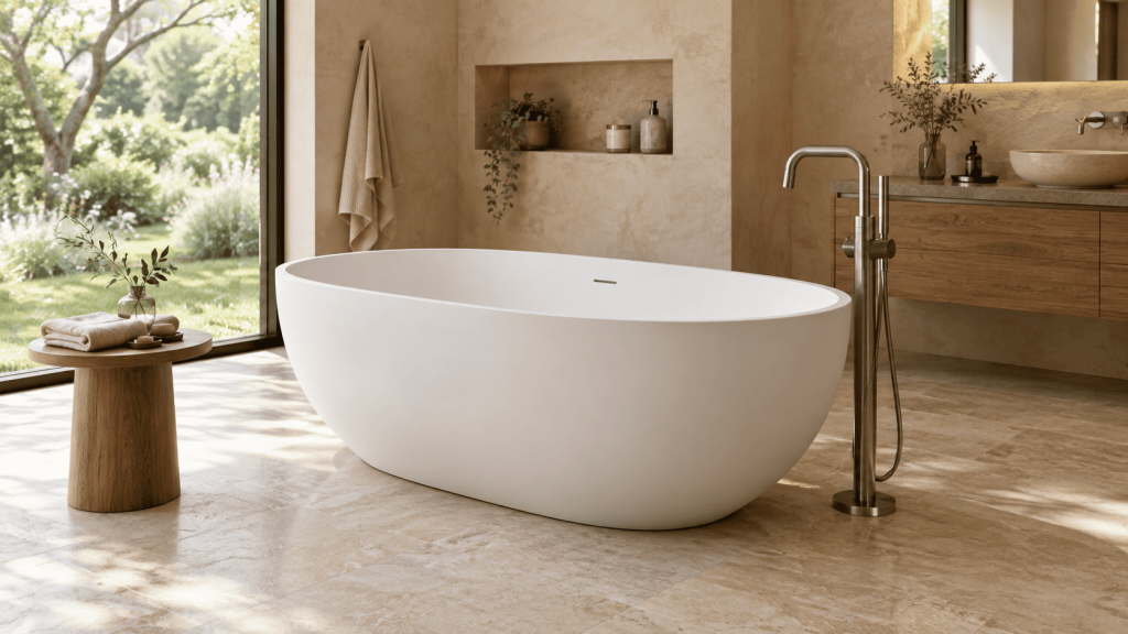 Baignoire îlot ovale blanche avec robinetterie sur pied dans une salle de bains beige avec meuble en bois et vue sur jardin