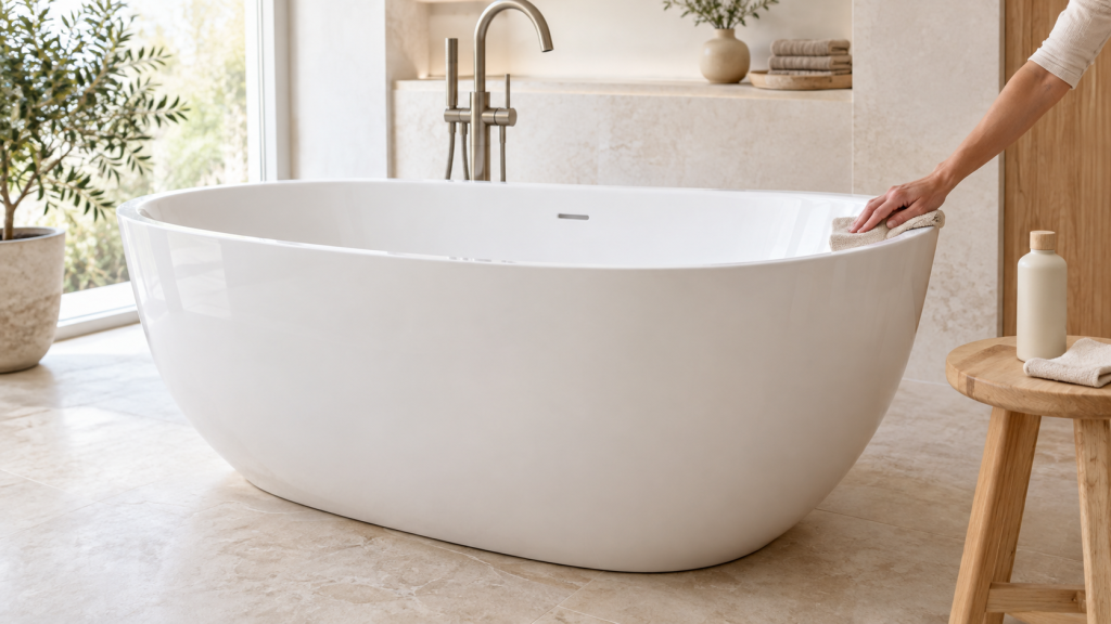 Nettoyage du rebord d’une baignoire îlot blanche avec un chiffon dans une salle de bains beige lumineuse