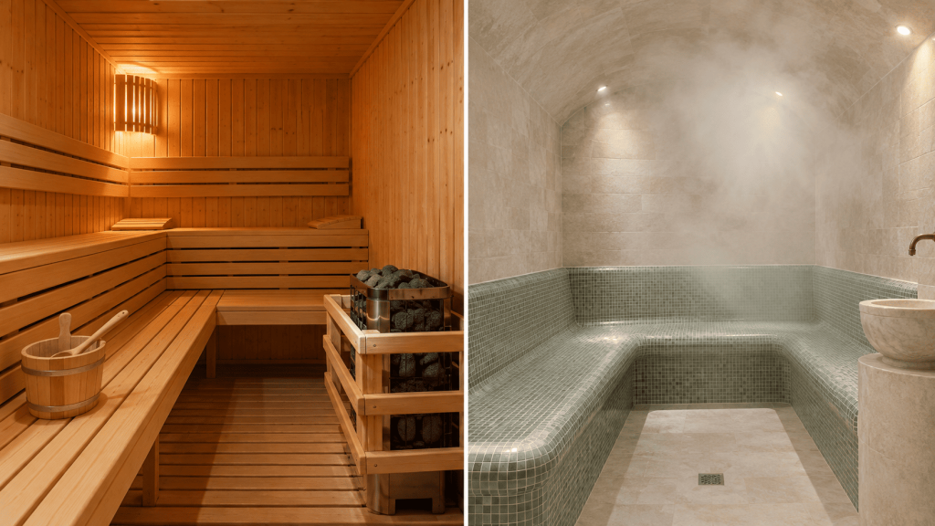 Hammam en mosaïque avec vapeur et sauna en bois avec poêle à pierres, côte à côte à domicile