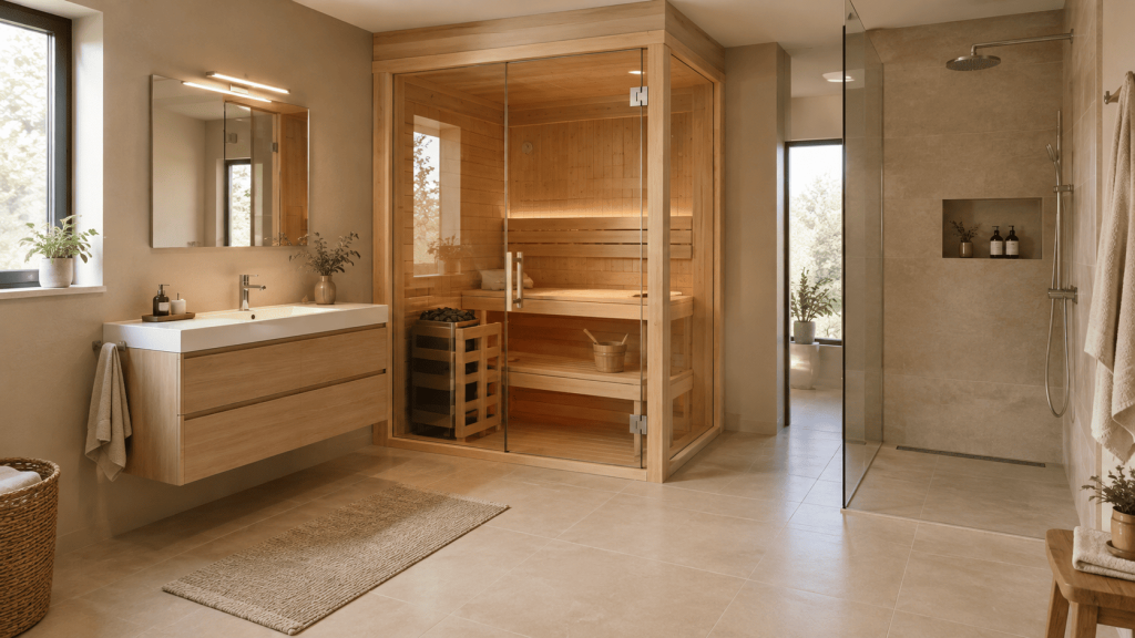 Sauna compact en bois avec porte vitrée intégré dans une salle de bains, avec un espace de circulation dégagé devant la cabine