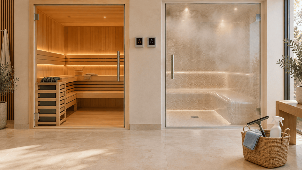 Sauna en bois et hammam carrelé avec commandes de réglage et accessoires pour l’entretien quotidien